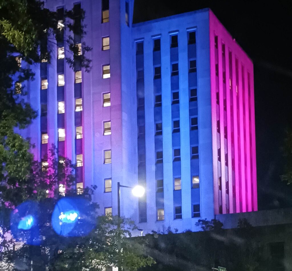 a lit up city at night